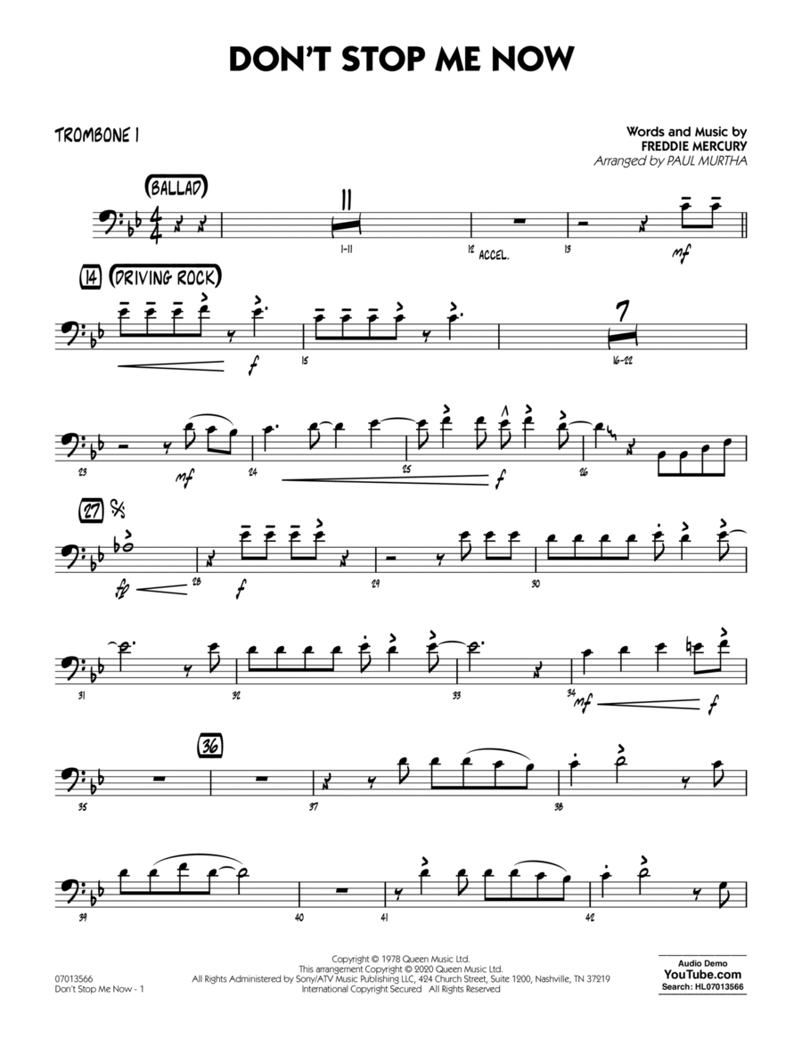 Don't Stop Me Now (arr. Paul Murtha) - Trombone 1