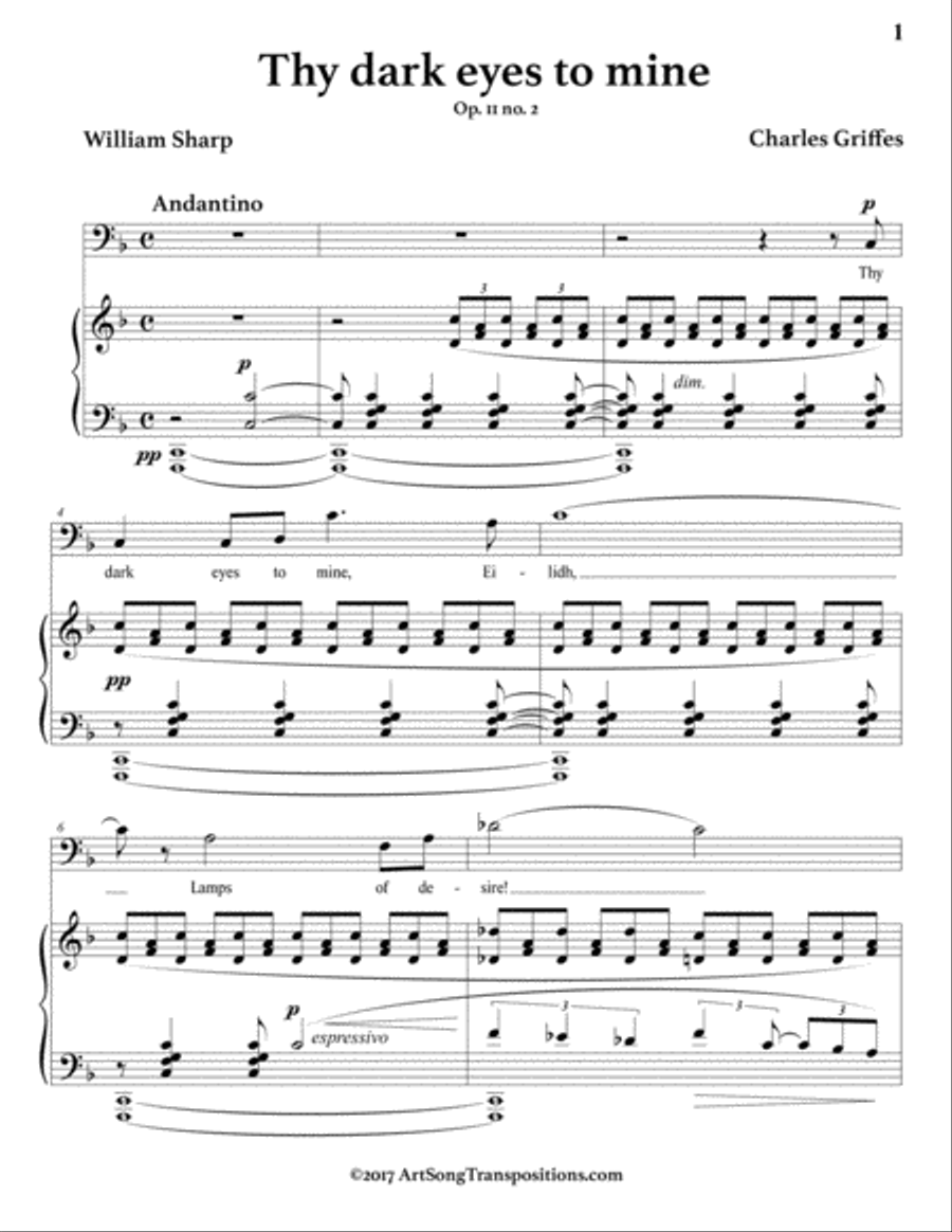 GRIFFES: Thy dark eyes to mine, Op. 11 no. 2 (transposed to F major, bass clef) Voice scores gallery preview page 2