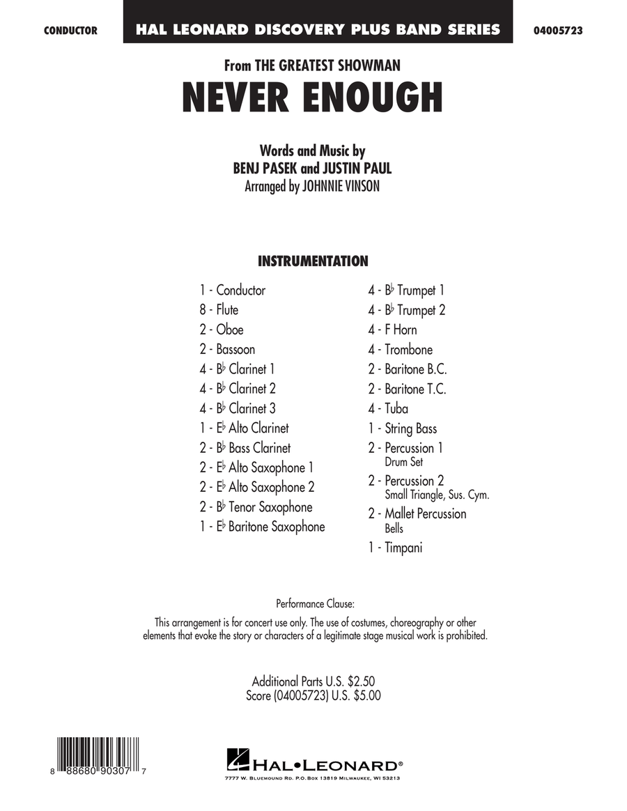 Book cover for Never Enough (from The Greatest Showman) (arr. Johnnie Vinson) - Conductor Score (Full Score)