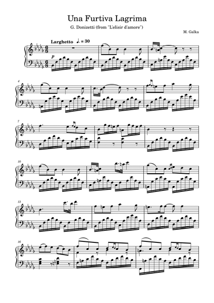 Una Furtiva Lagrima Piano Solo Arrangement image number null