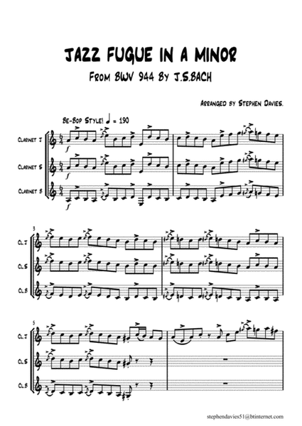 'Jazz Fugue in A Minor' based on BWV944 by J.S.Bach for Clarinet Trio. image number null