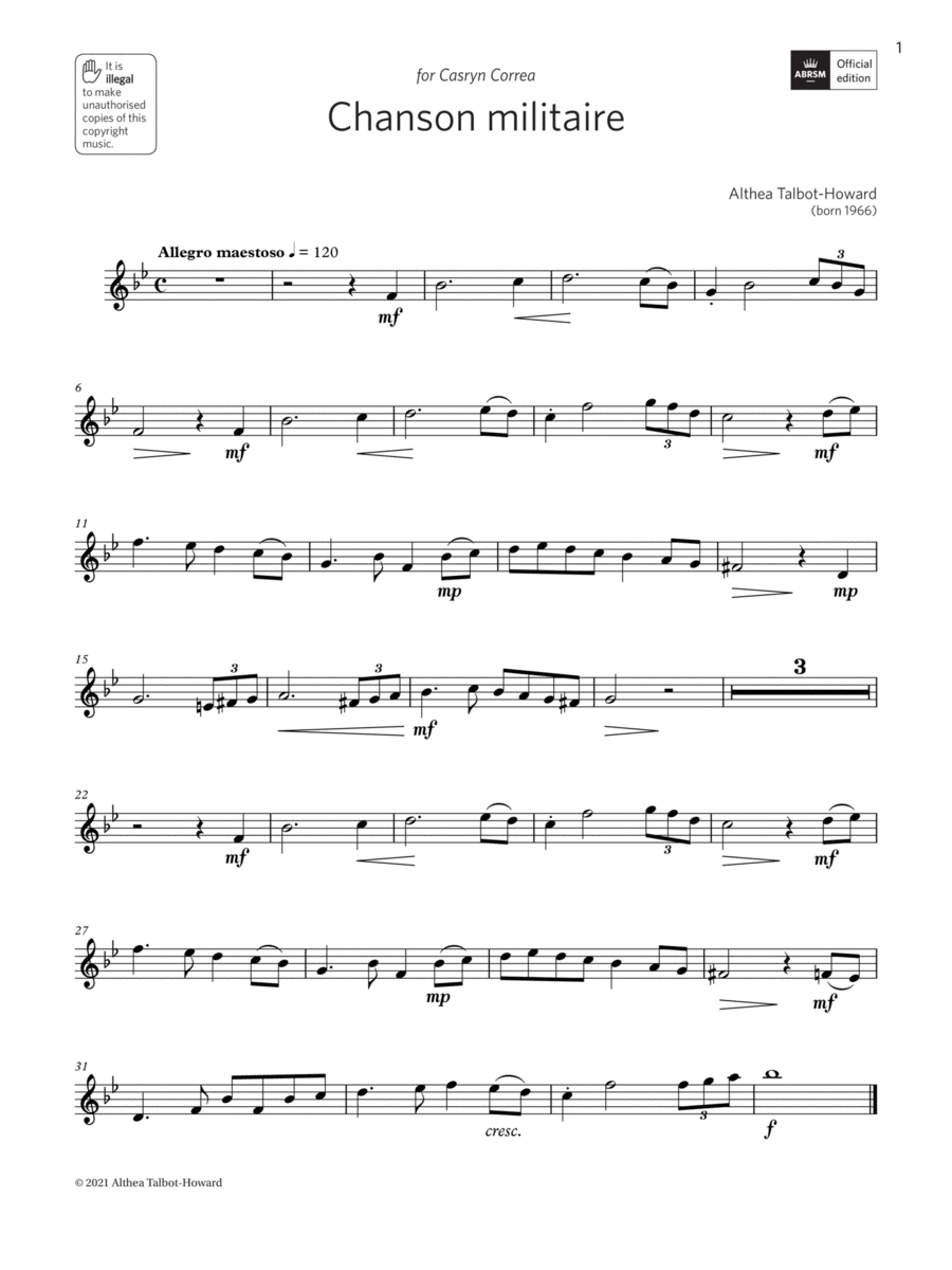 Chanson Militaire (Grade 3 List A8 from the ABRSM Oboe syllabus from 2022) Oboe Solo scores gallery preview page 1