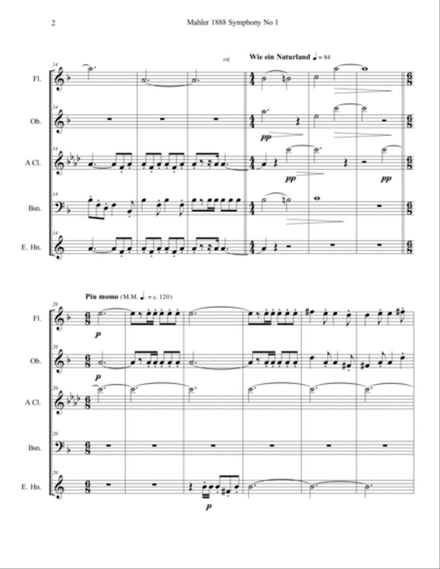 Mahler 1888 Symphony No 1 1st Movement Themes Woodwind Quintet Score and Parts Woodwind Quintet scores gallery preview page 2