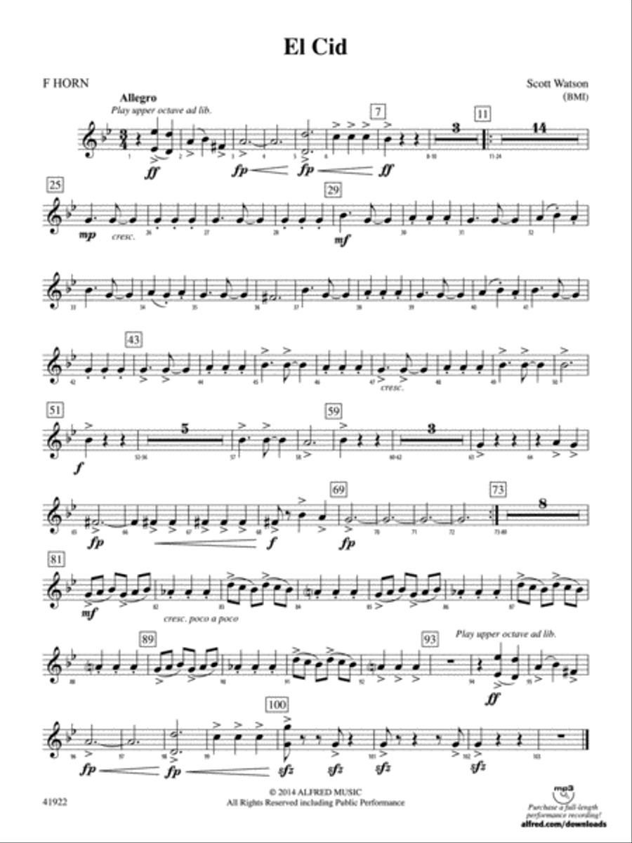 El Cid: 1st F Horn Concert Band scores gallery preview page 1