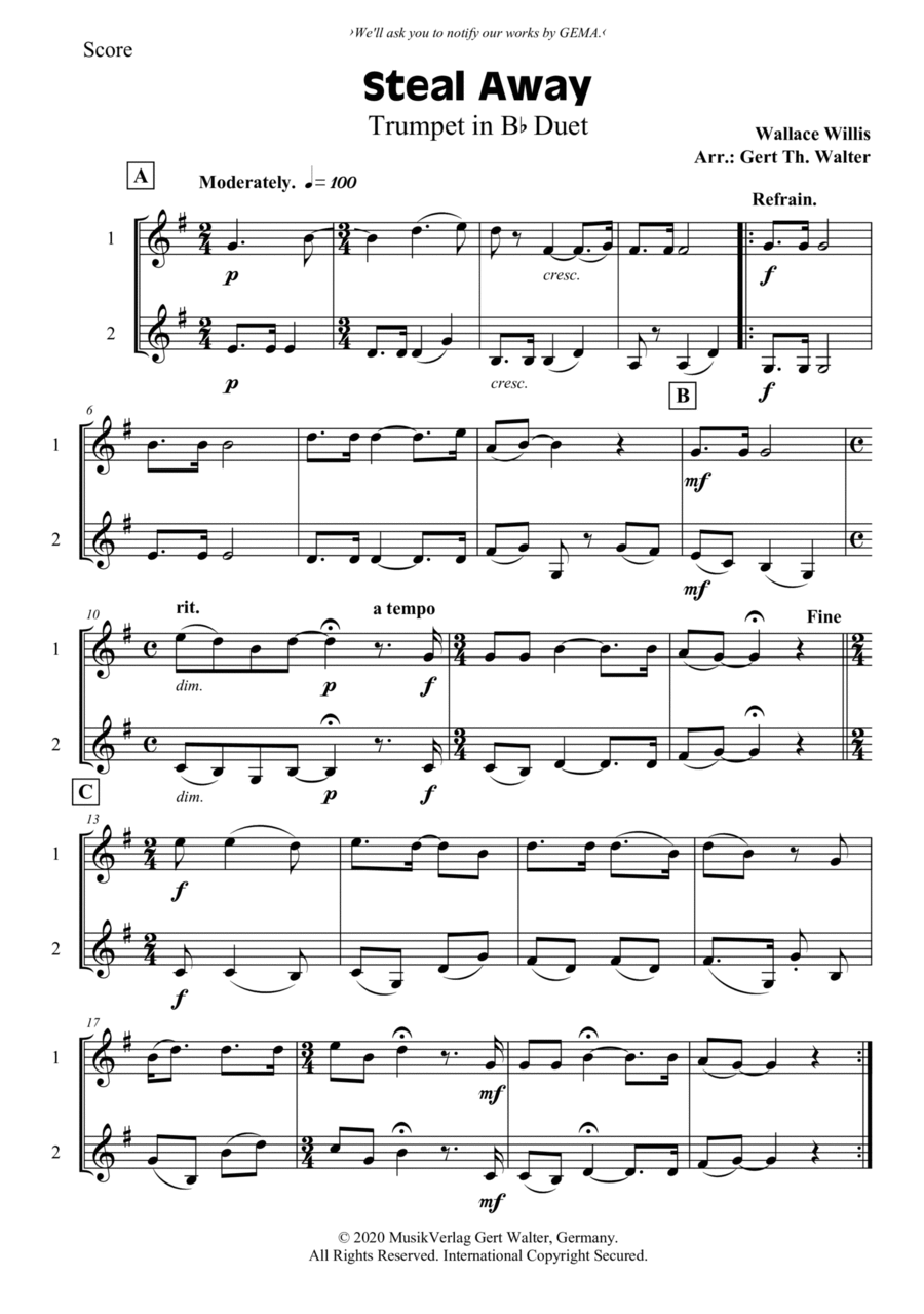 Steal Away Steal Away Trumpet Duet scores gallery preview page 1