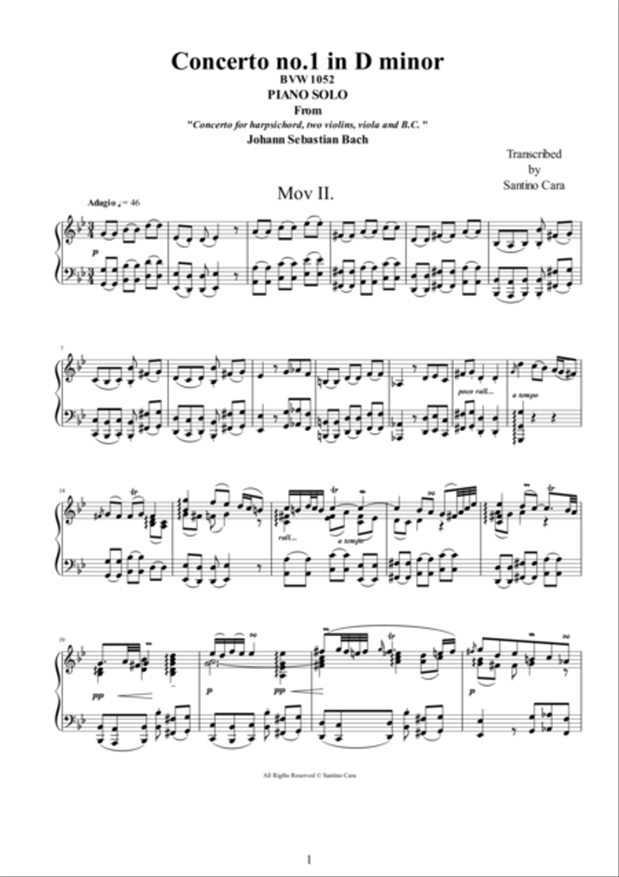 J.S.Bach - Concerto no.1 in D minor BWV1052 -2 Adagio - Piano version Piano Solo scores gallery preview page 1