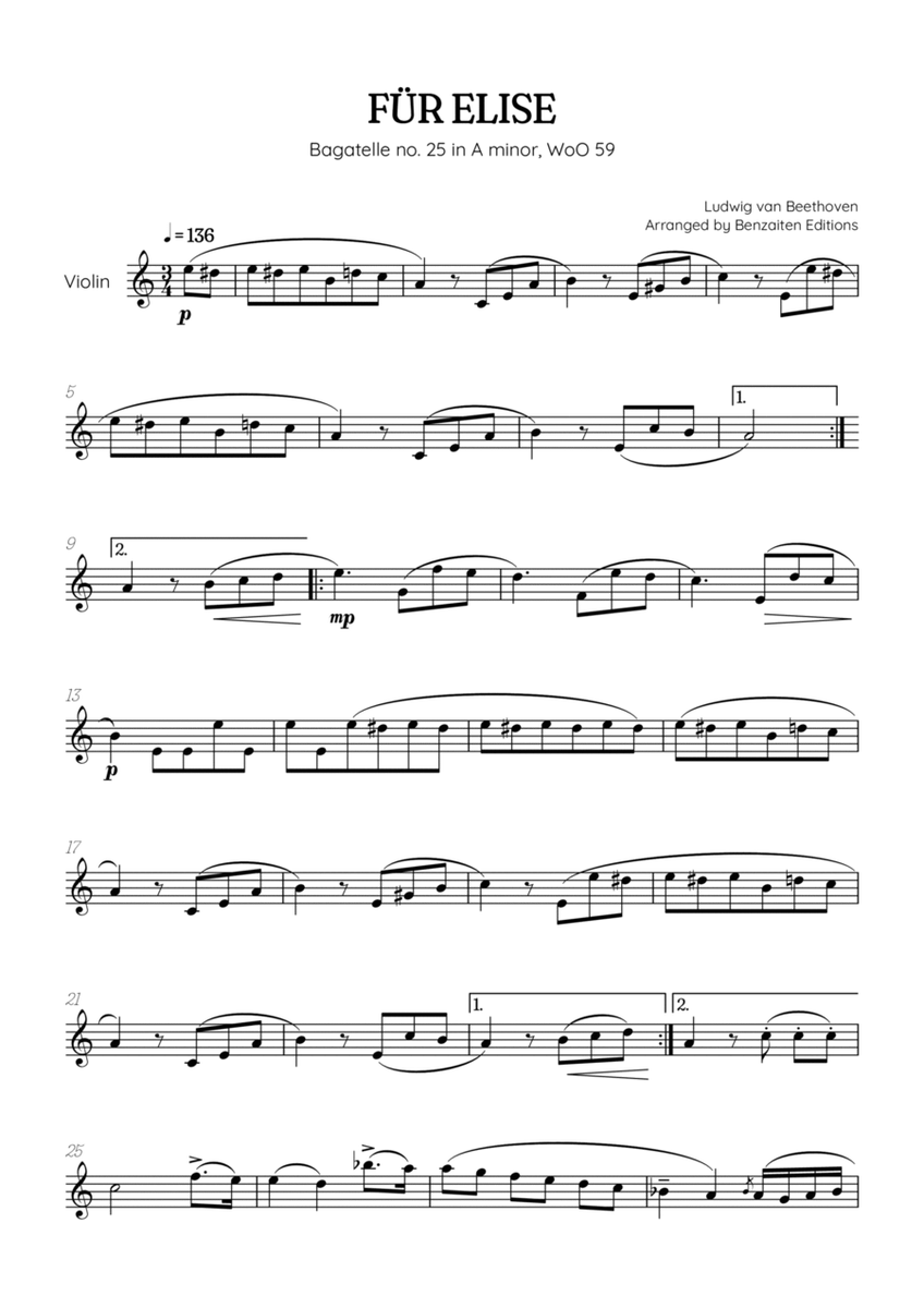 Beethoven • Für Elise / Pour Elise • violin sheet music image number null