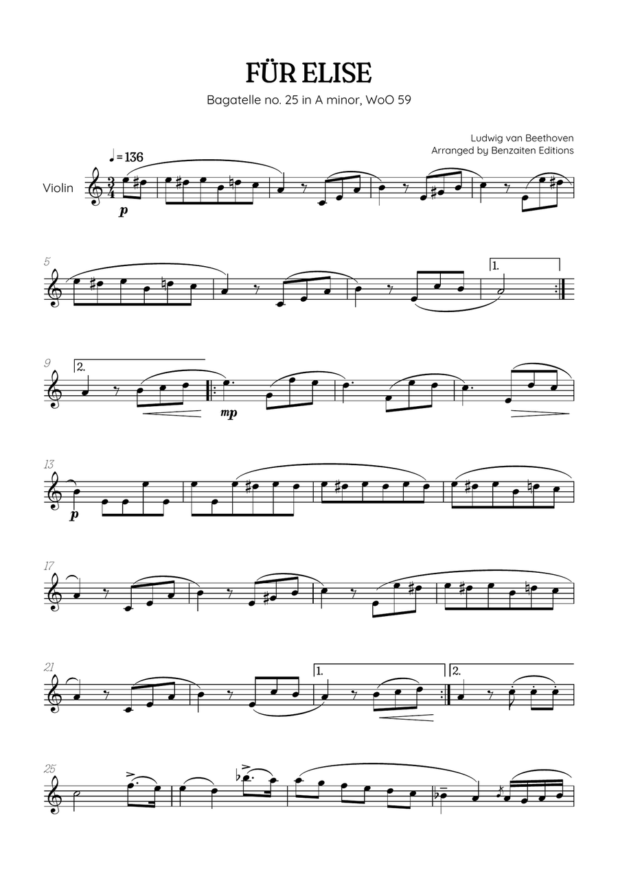 Beethoven • Für Elise / Pour Elise • violin sheet music Violin Solo scores gallery preview page 1