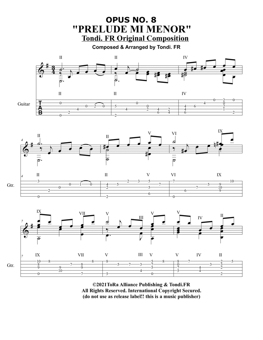 Prelude Mi Menor (Opus. 8) For Guitar - Tondi. FR Original Works Acoustic Guitar scores gallery preview page 1