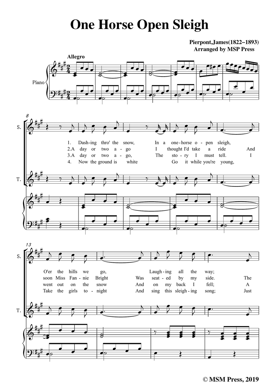Pierpont-Jingle Bells(The One Horse Open Sleigh),in A Major,for Quatre Chorales 4-Part scores gallery preview page 3