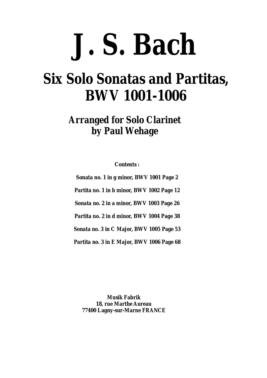 J. S. Bach: 6 Sonatas and Partitas for Solo Violin, BWV 1001-1006- arranged for solo clarinet Clarinet Solo scores gallery preview page 1