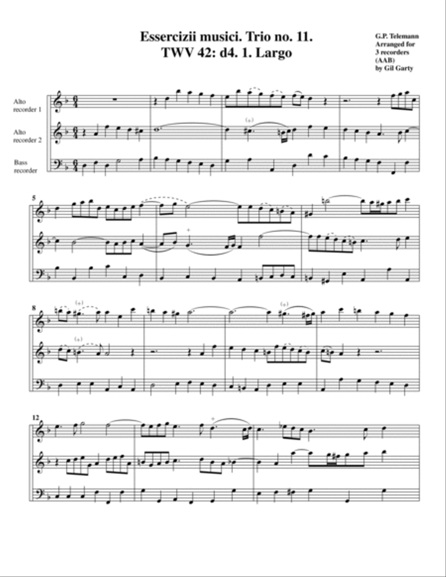 Trio sonata TWV 42:d4 (Essercizii musici, trio no.11) (arrangement for 3 recorders) Recorder scores gallery preview page 2