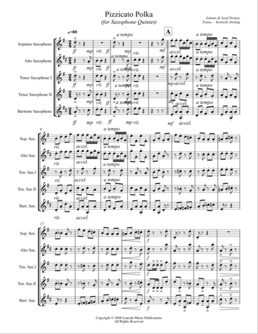 Strauss II – Pizzicato Polka (for Saxophone Quintet SATTB) Saxophone Quintet scores gallery preview page 2