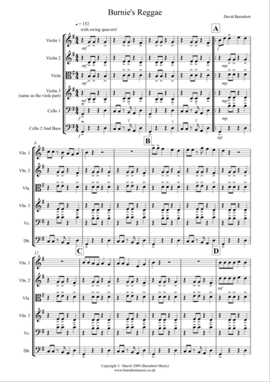 Burnie's Reggae for String Orchestra String Quartet scores gallery preview page 1