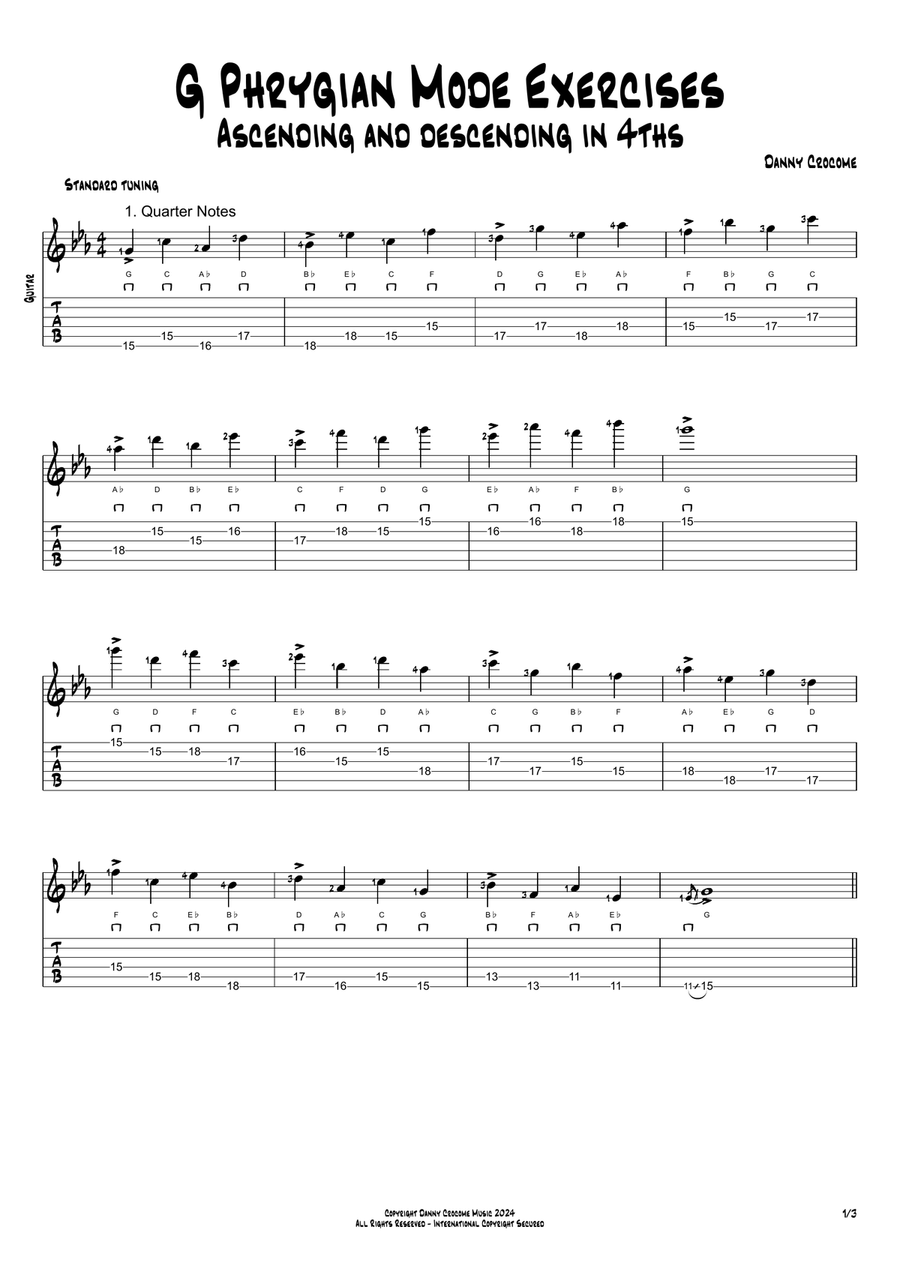 G Phrygian Mode Exercises - Ascending and Descending in 4ths Acoustic Guitar scores gallery preview page 1