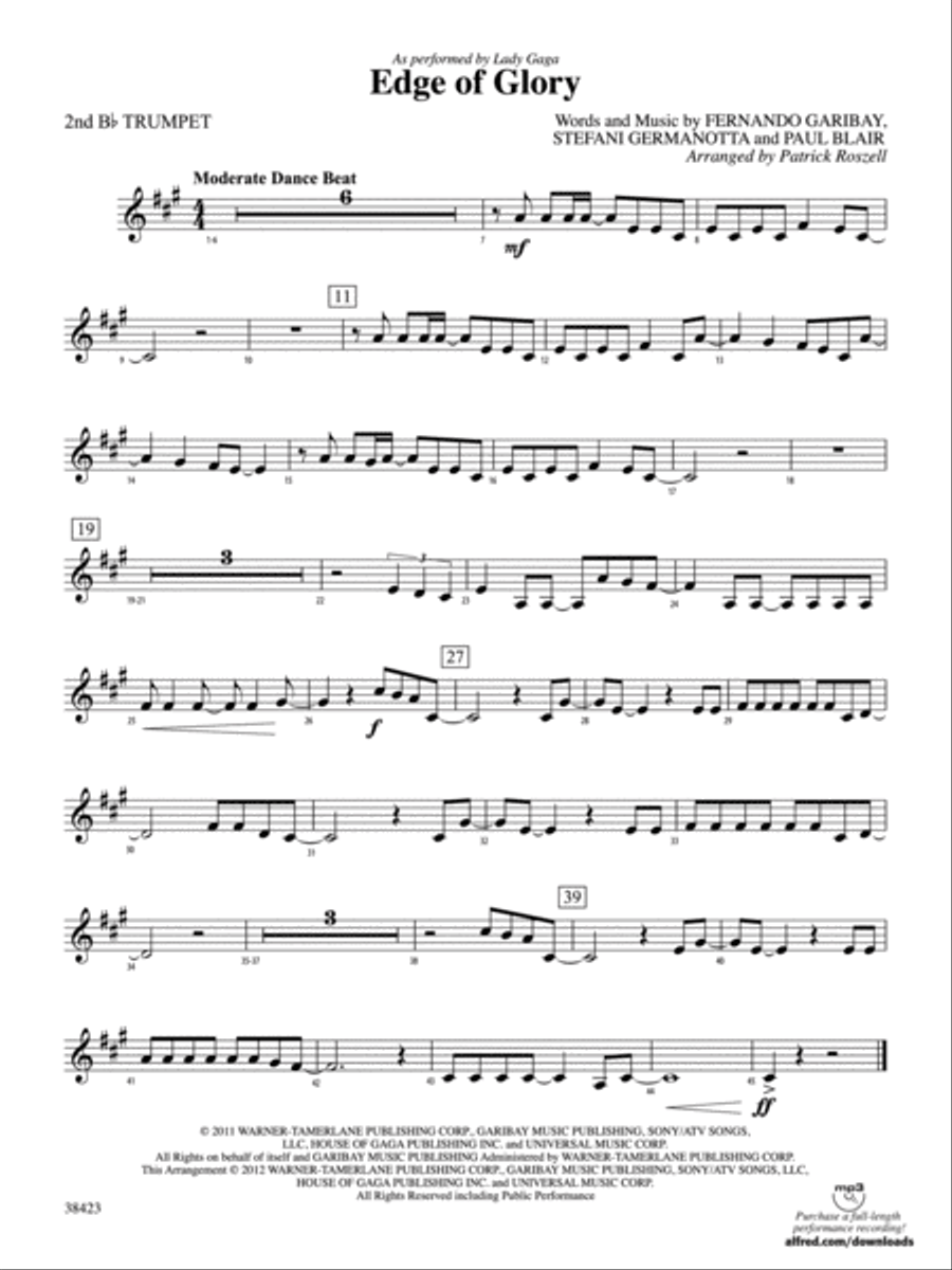 Edge of Glory: 2nd B-flat Trumpet Full Orchestra scores gallery preview page 1