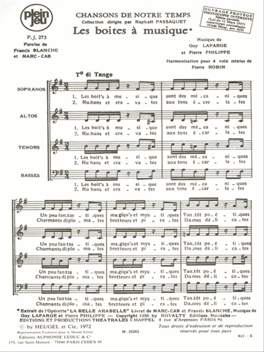 Lafarge Philippe Chansons De Notre Temps Pj273 Les Boites Musique 4 Pt 4-Part scores gallery preview page 1