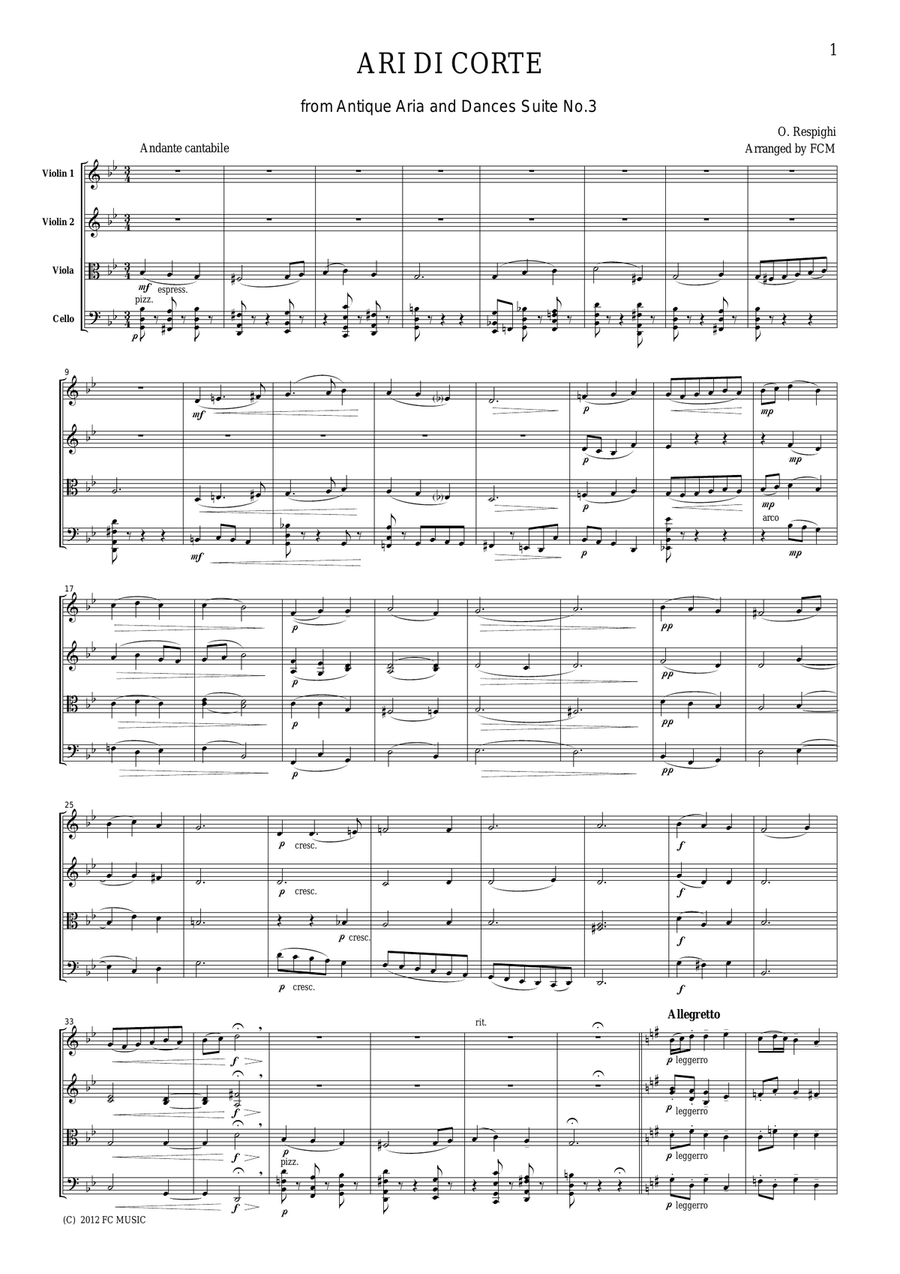 Respighi Ari di Corte from Ancient Airs and Dances Suite No.3, for string quartet, CR003 String Quartet scores gallery preview page 1