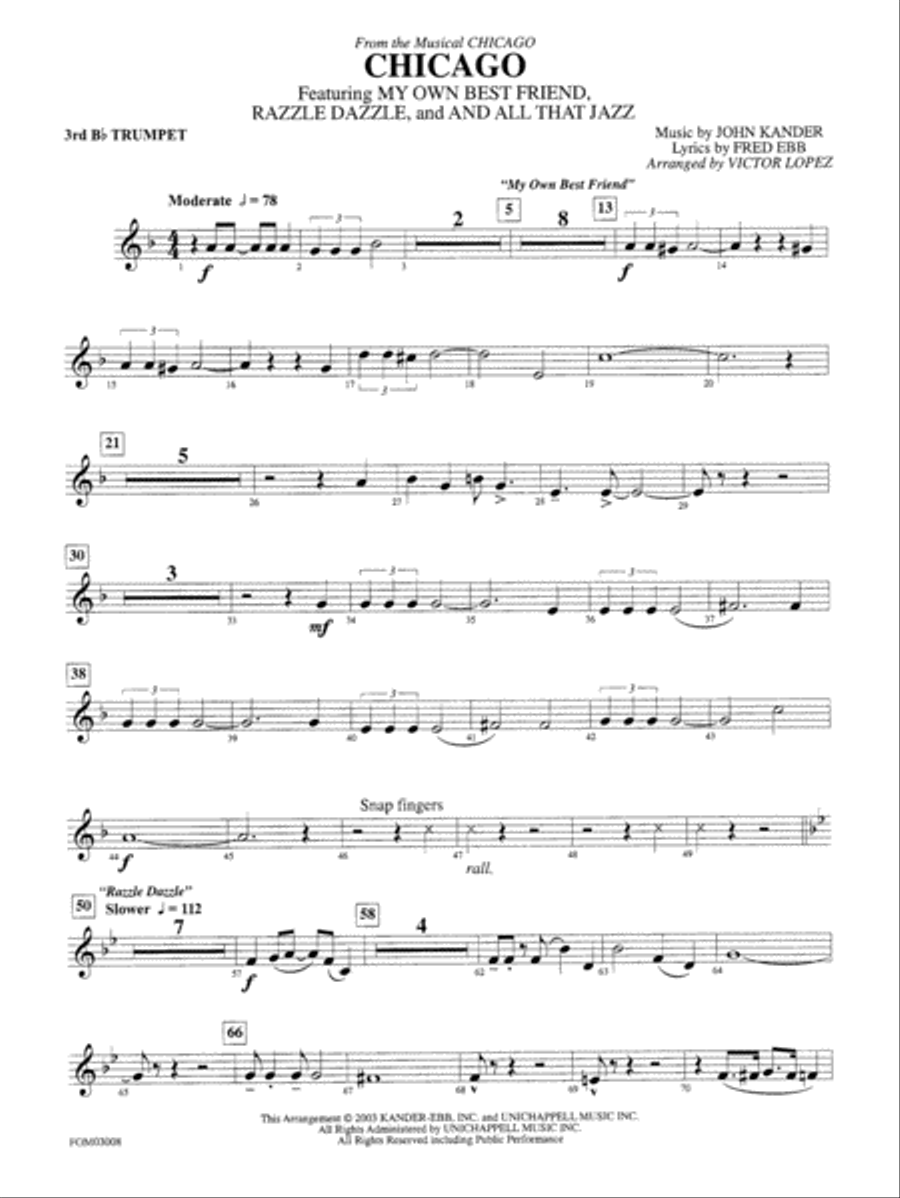 Chicago (from the musical Chicago): 3rd B-flat Trumpet Full Orchestra scores gallery preview page 1