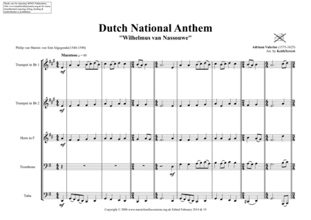 Dutch National Anthem ("Het Wilhelmus" - "Wilhelmus van Nassouwe") for Brass Quintet image number null