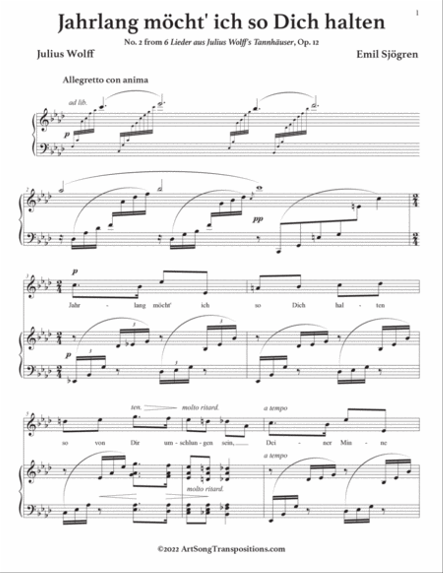 SJÖGREN: Jahrlang möcht' ich so Dich halten, Op. 12 no. 2 (transposed to A-flat major) Voice scores gallery preview page 2