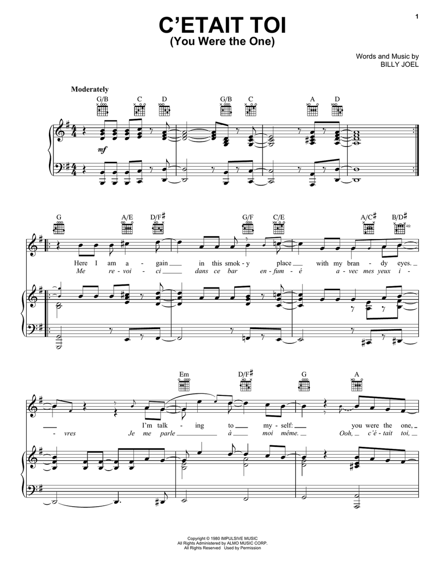 C'etait toi (You Were The One) Piano, Vocal, Guitar scores gallery preview page 1