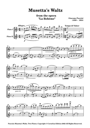 Book cover for Giacomo Pucccini "La Boheme" Musetta's Waltz Aria "Quando Me'n Vo" Flute Duet Woodwind duo