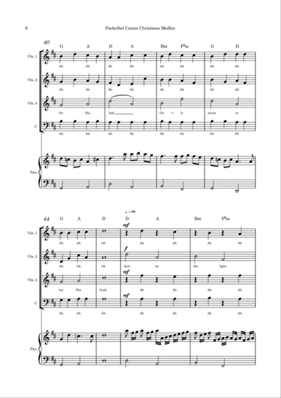Pachelbel Canon with optional Christmas Medley lyrics strings quartet and piano Piano Quartet scores gallery preview page 6