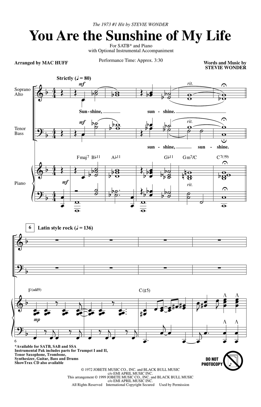 You Are The Sunshine Of My Life (arr. Mac Huff) 4-Part scores gallery preview page 1