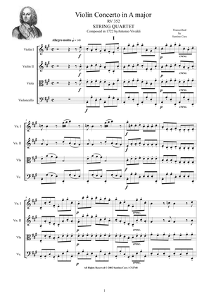 Book cover for Vivaldi - Concerto in A major RV 352 for String Quartet - Score and Parts