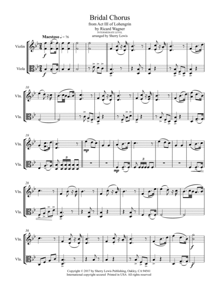 BRIDAL CHORUS for Violin and Viola, Intermediate Level image number null
