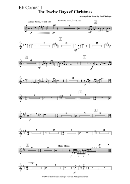 Paul Wehage : The Twelve Days Of Christmas, arranged for concert band, Bb cornet 1 part