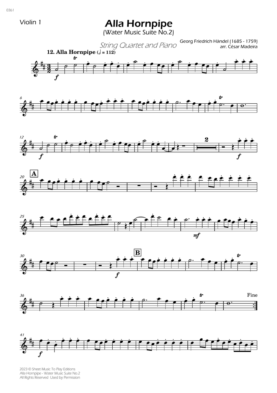 Alla Hornpipe by Handel - String Quartet and Piano (Individual Parts) Piano Quintet scores gallery preview page 1