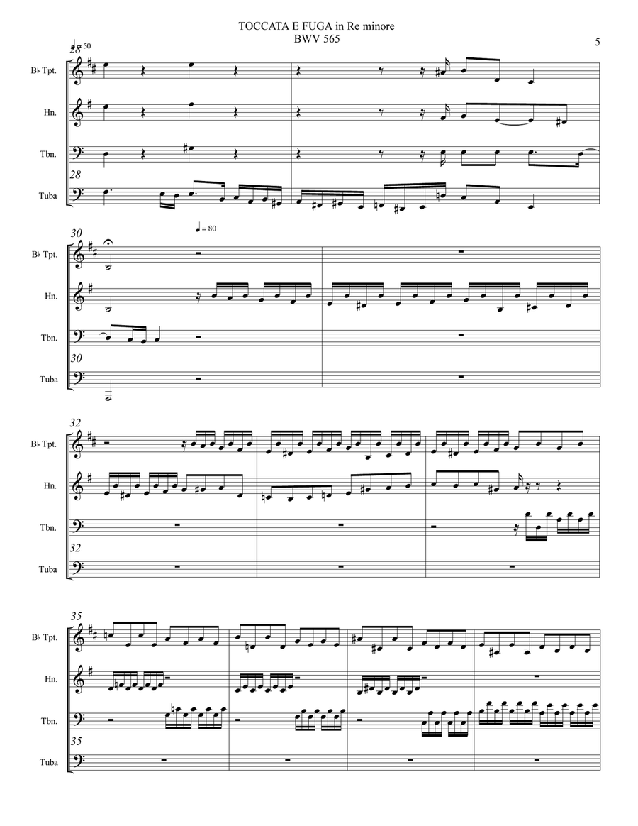 TOCCATA E FUGA in D minor - BWV 565 - Arr. for Brass Quartet with Parts Brass Quartet scores gallery preview page 5