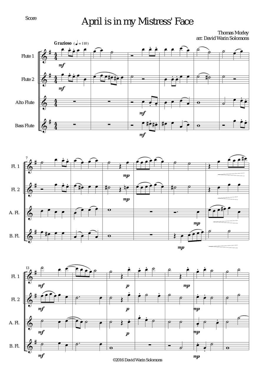 April is in my Mistress' Face for flute quartet Flute Quartet scores gallery preview page 1