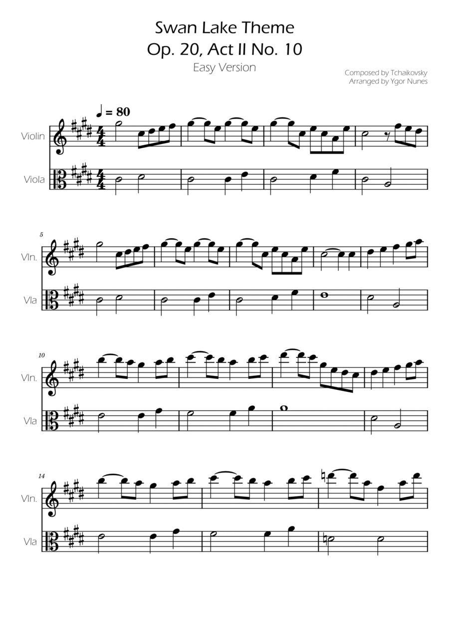 Swan Lake (theme) - Tchaikovsky - Violin and Viola Duet Swan Lake (theme) - Tchaikovsky - Violin and Viola Duet String Duet scores gallery preview page 1