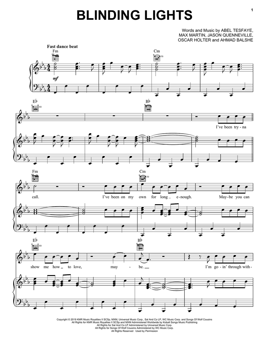 Blinding Lights Piano, Vocal, Guitar scores gallery preview page 1