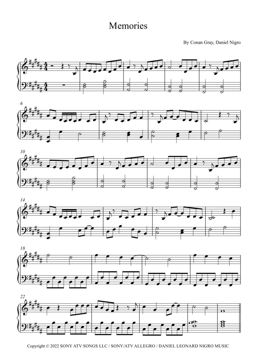 Memories Memories Piano Solo scores gallery preview page 1