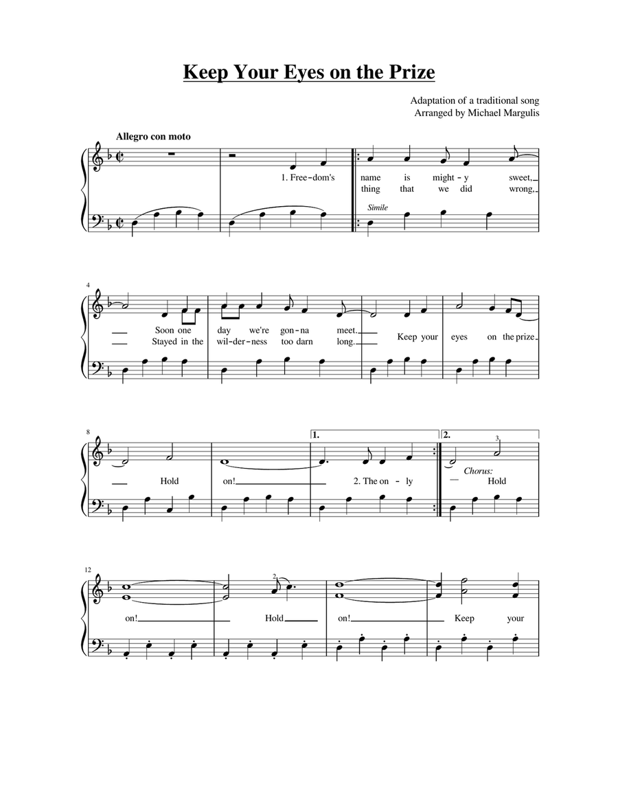 Keep Your Eyes on the Prize (sung in the Civil Rights Movement) Piano Solo scores gallery preview page 1