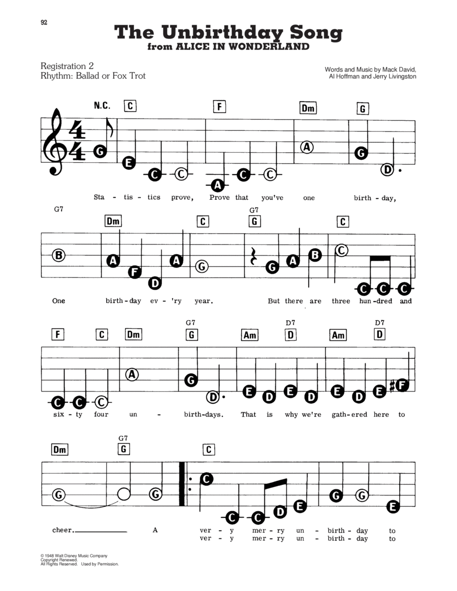 The Unbirthday Song (from Alice In Wonderland) Electronic Keyboard scores gallery preview page 1
