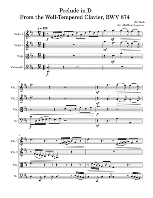 Prelude in D - Bach - BWV 874 for String Quartet