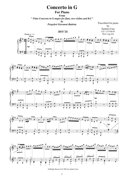 Pergolesi GB - Flute concerto in G - Piano version - 3 Presto image number null