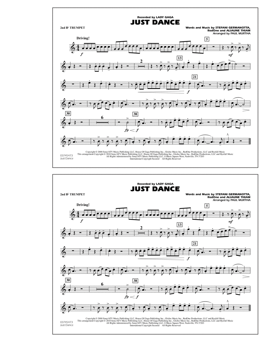Just Dance - 2nd Bb Trumpet B-Flat Trumpet scores gallery preview page 1