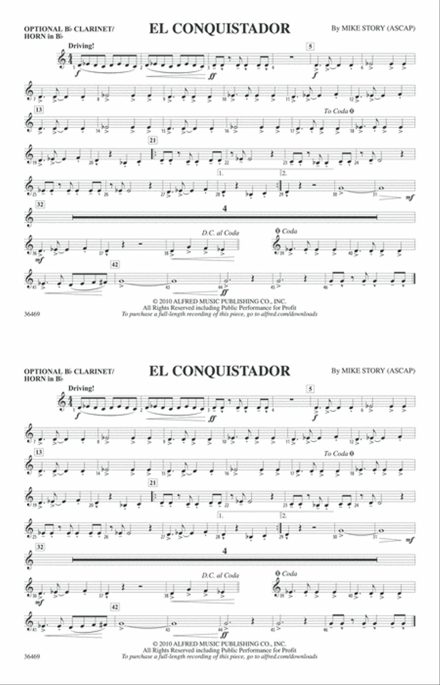 El Conquistador: Optional Bb Clarinet/Horn in Bb Marching Band scores gallery preview page 1