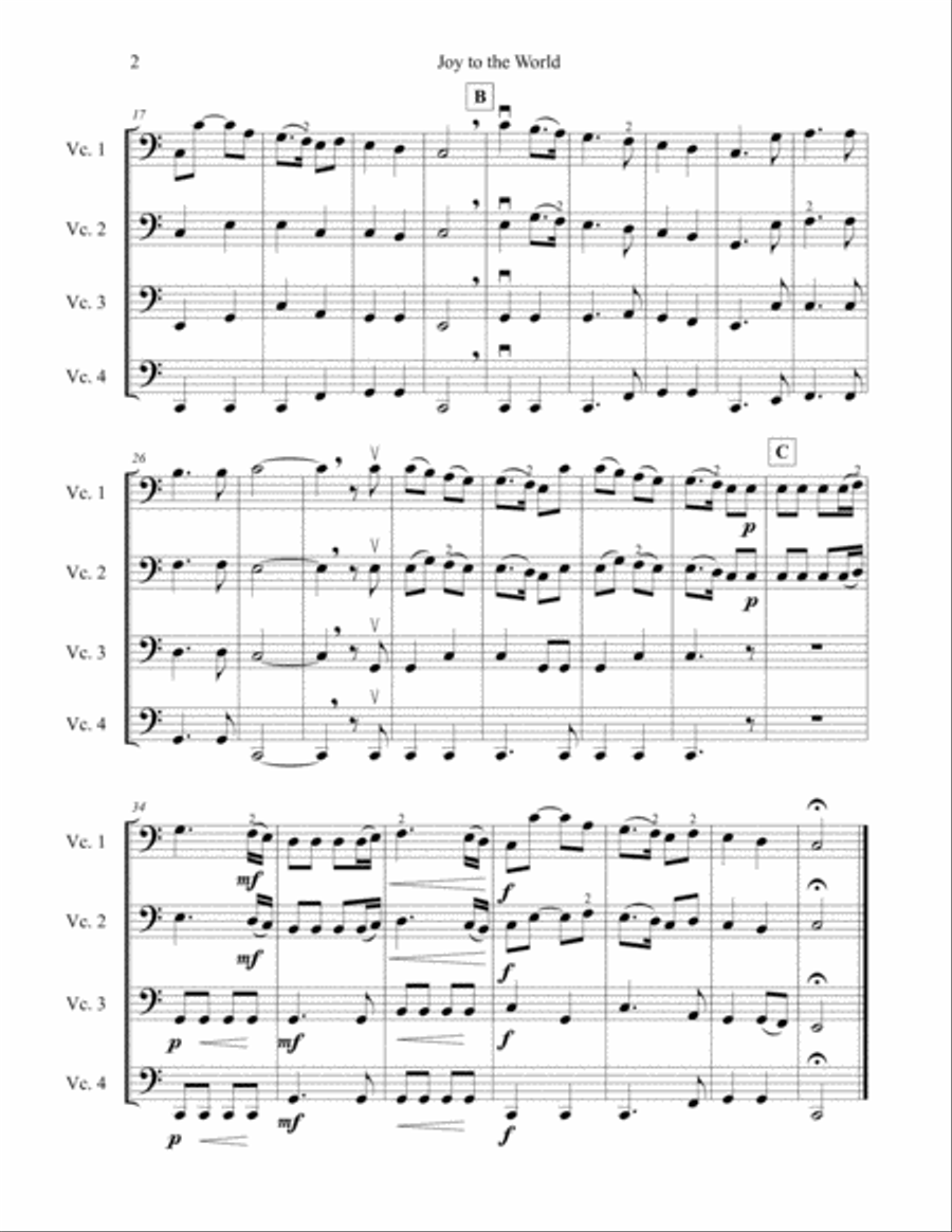 Beginner cello quartet Christmas music: Joy to the World, Adeste Fideles, Carol of the Bells, We Thr String Quartet scores gallery preview page 2