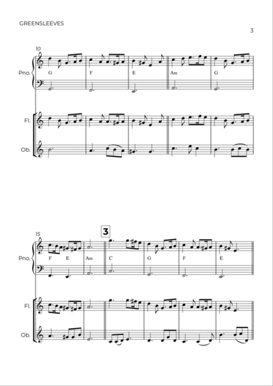 GREENSLEEVES - ANONYMUS - WIND PIANO TRIO (FLUTE, OBOE & PIANO) Woodwind Duet scores gallery preview page 3