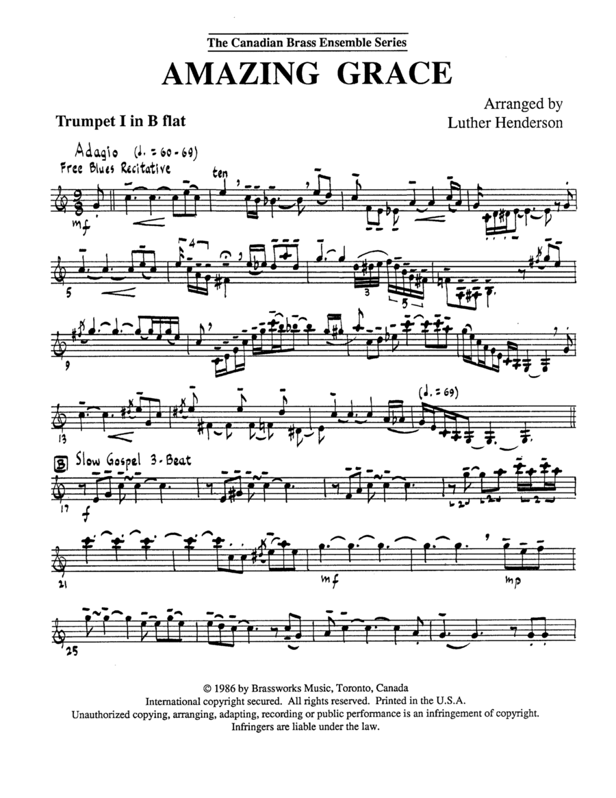 Amazing Grace - Bb Trumpet 1 (Brass Quintet) Brass Quintet scores gallery preview page 1