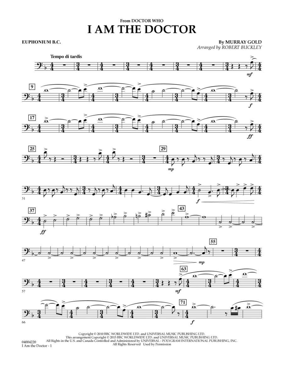 I Am the Doctor (from Doctor Who) - Euphonium in Bass Clef Euphonium scores gallery preview page 1