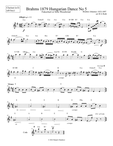 Brahms Hungarian Dance No 5 Clarinet Fakechart