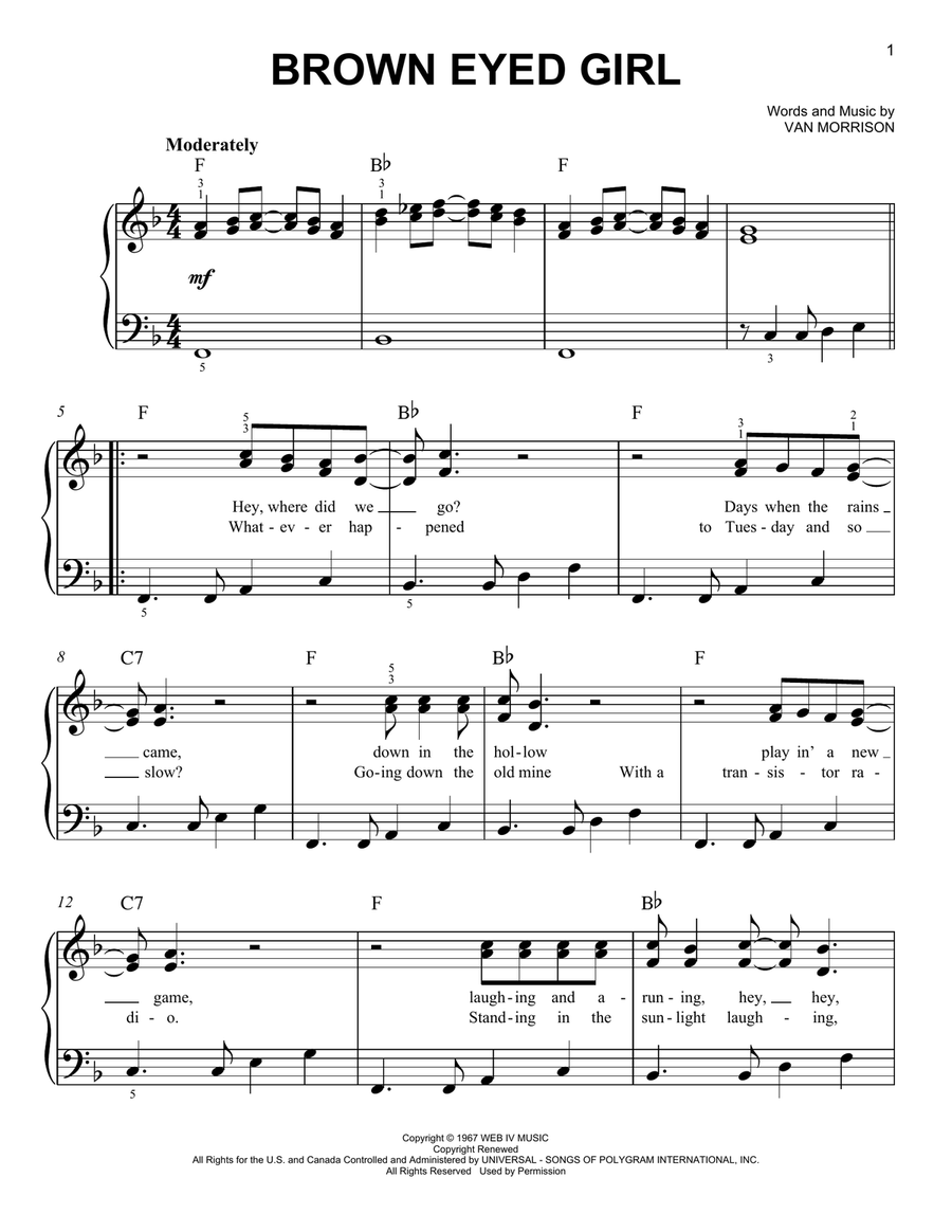 Brown Eyed Girl Easy Piano scores gallery preview page 1